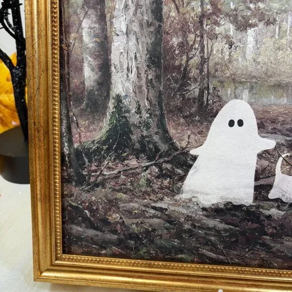 Halloween Ghost Walk Ghost Dog In the Woods Wall Art Gold Frame Viral TikTok - Picture 6 of 7